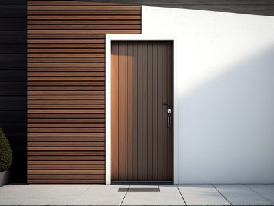 Modern entrance, simple wooden front door